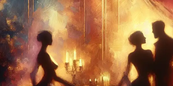 Three figures in an intimate boudoir, conveying sensuality and emotional depth through subtle interaction and rich colors.