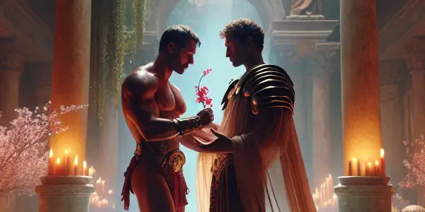 A muscular gladiator embraces a figure in sheer fabrics in a lavish Roman bath, surrounded by ornate columns and cherry blossoms.