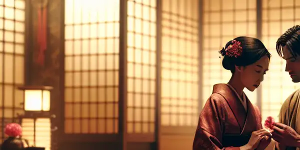 A romantic scene in a traditional Japanese room with two characters sharing an intimate moment amidst cherry blossoms.