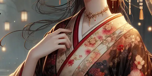 A captivating female figure in a flowing kimono, set in a dreamlike Japanese garden at dusk.
