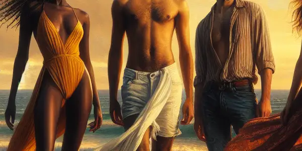 A sun-drenched beach scene with diverse individuals celebrating freedom and allure against a vibrant sunset backdrop.