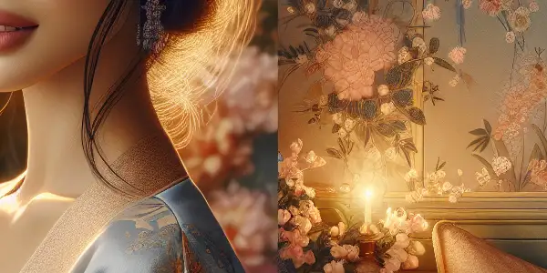 A charming young woman in a romantic, pastel-colored setting, evoking beauty and intrigue.