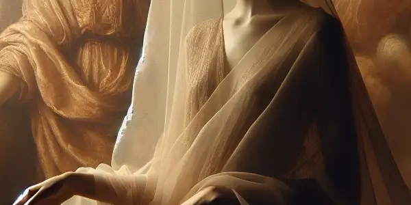 An elegant model poses in sheer fabrics, highlighting graceful curves in a softly lit, sensual studio setting.