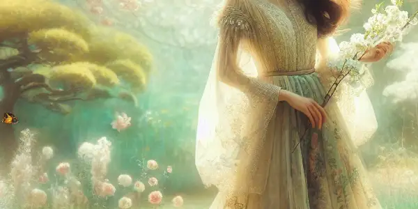 A serene garden scene featuring a mixed-heritage model in a pastel gown among cherry blossoms and gentle butterflies.