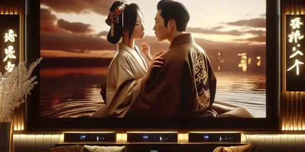 A modern viewing room featuring a high-definition screen displaying a romantic scene, with plush seating and ambient lighting.