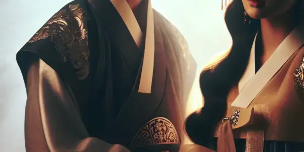 A romantic scene featuring a couple in traditional Korean attire, set in a dimly lit, vintage-inspired room.