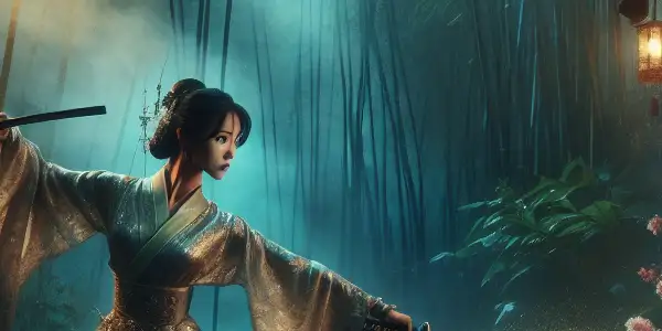 A female swordswoman in a flowing robe poses with a sword in a moonlit bamboo forest.