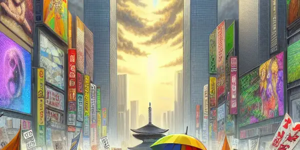 Activists protest in a bustling Japanese city, blending traditional culture with modern issues surrounding the AV industry.