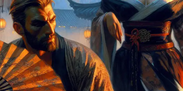 A tense moment of forbidden love between Wu Dalang and Pan Jinlian in an ancient Chinese courtyard at twilight.