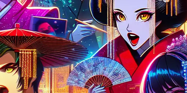 A vibrant digital collage of expressive avatars showcasing emotions in the context of Japanese adult films.