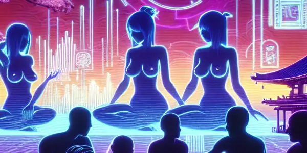 A vibrant, neon-lit virtual space where diverse individuals discuss adult films amidst abstract Japanese imagery.