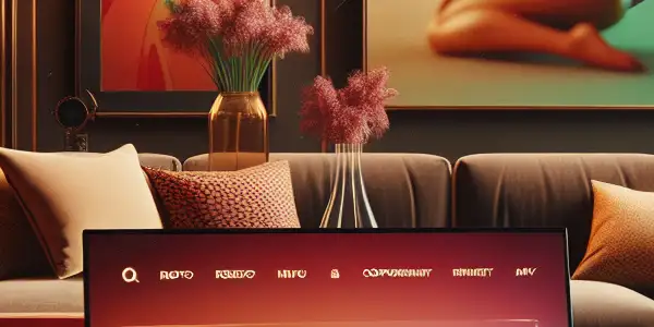 A sophisticated living room scene featuring a laptop with adult entertainment content, emphasizing privacy and respect.