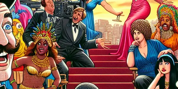 A lively film set with a charismatic male actor humorously engaging with an amused director amidst exaggerated props and playful actresses.