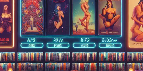 A modern digital library featuring vibrant adult-themed artworks, cozy seating, and a large screen displaying film previews.