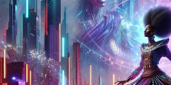 A heroic figure in a futuristic city embodies erotic fantasy while symbolizing peace and unity against shadowy forces.