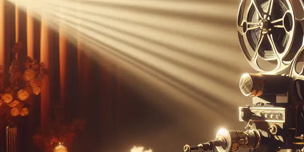 An intimate, dimly lit setting featuring a vintage film projector and elegant decor, evoking a sophisticated adult film aesthetic.