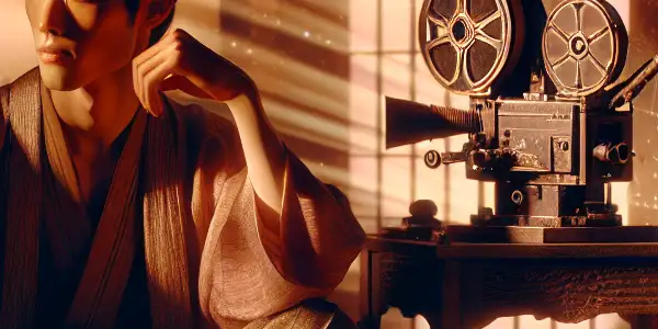 A charismatic male lead in a romantic, softly lit Japanese-inspired room, surrounded by cinematic elements and ethereal silhouettes.