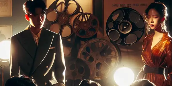 A tense discussion among actors in a dim film studio, reflecting Korean erotic film scandal culture.