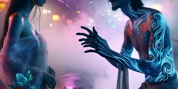 A ghostly figure in silk interacts with a captivated human on a dimly lit Hong Kong street, evoking desire and dread.