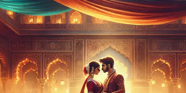 A passionate couple dances in a vibrant palace courtyard, surrounded by flowers and romantic lighting.