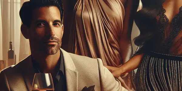 A romantic scene featuring a confident man and two women in a luxurious, intimate setting filled with allure.