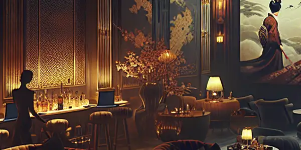 A luxurious adult entertainment lounge featuring plush seating, a large screen playing Japanese AV, and an intimate atmosphere.