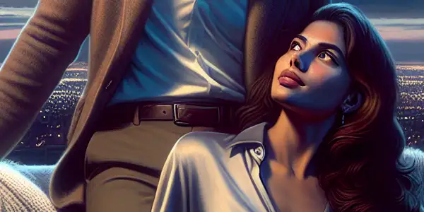 A confident man leans towards a seated woman in a cozy, dimly-lit living room, embodying flirtation and intrigue.