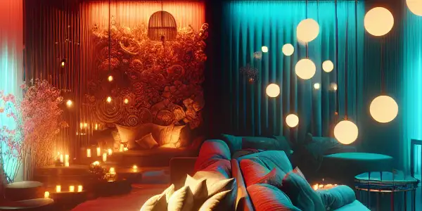 A dual-themed scene contrasting warm, intimate tones of passion with cool, introspective shades of loneliness.