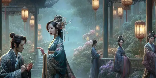 A romantic couple in an ancient Chinese garden, surrounded by lush greenery and ornate architecture, conveying deep emotion.